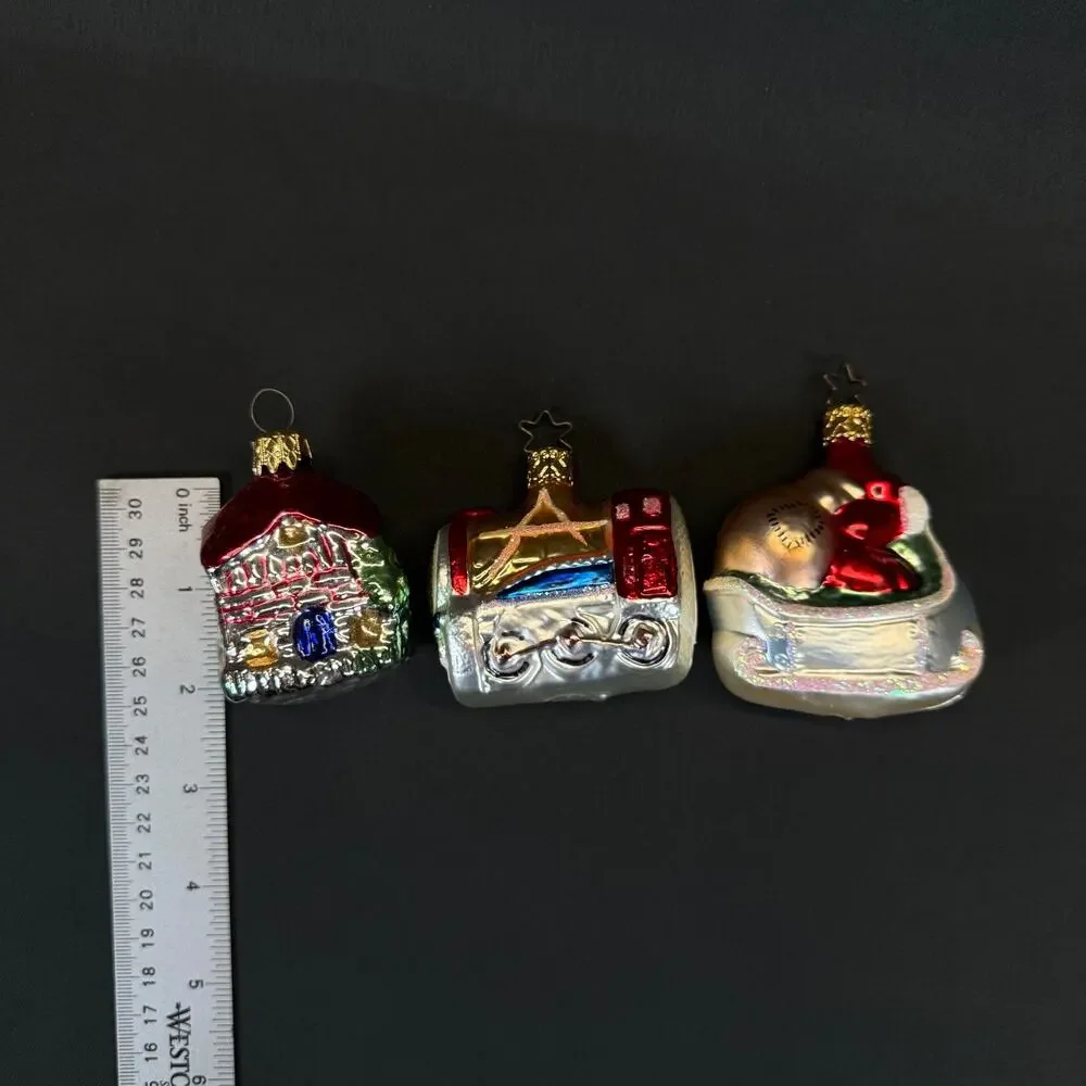 3x vintage Old World Christmas tree Ornaments Santa Sleigh House train w Box